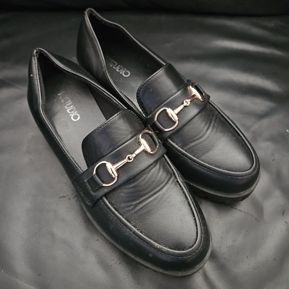 K.Studio Women's Black Loafers with Gold Buckle Slip On Shoe Sz 7US